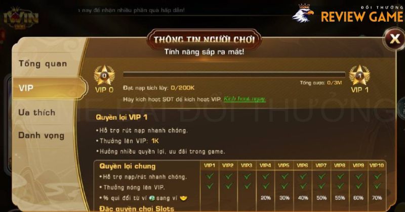 VIP càng cao thưởng càng lớn